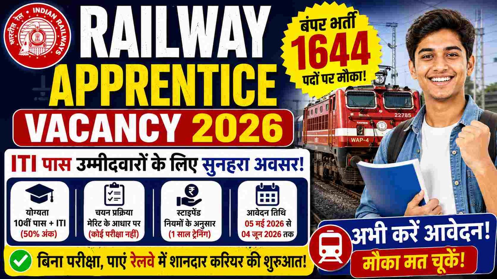 Railway Apprentice Vacancy 2026: 1644 पदों पर बंपर भर्ती | बिना परीक्षा रेलवे जॉब का Big मौका